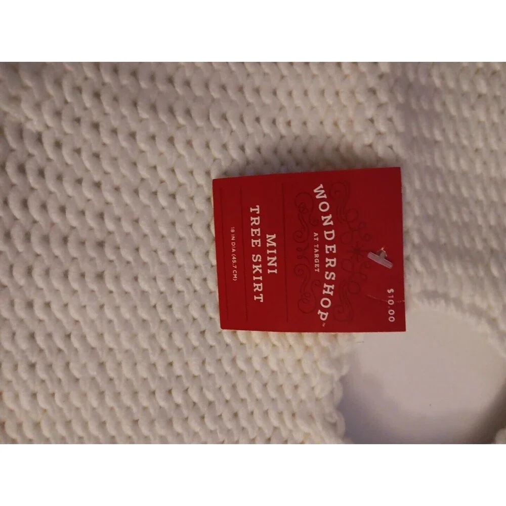 Knit Mini Christmas Tree Skirt Off-White with Multicolor PomPoms 18